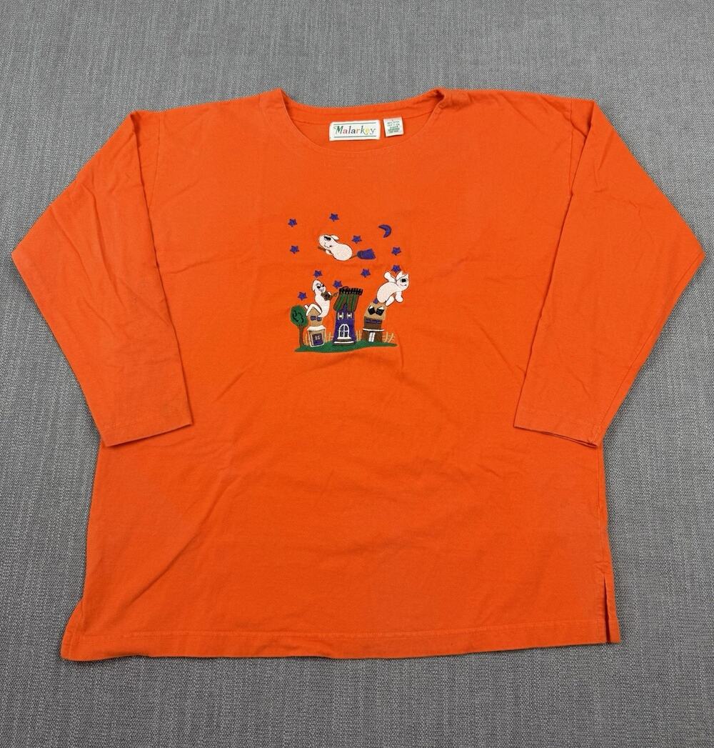 Malarkey Halloween Ghost House Embroidered Orange 3/4 Sleeve Shirt Womens L
